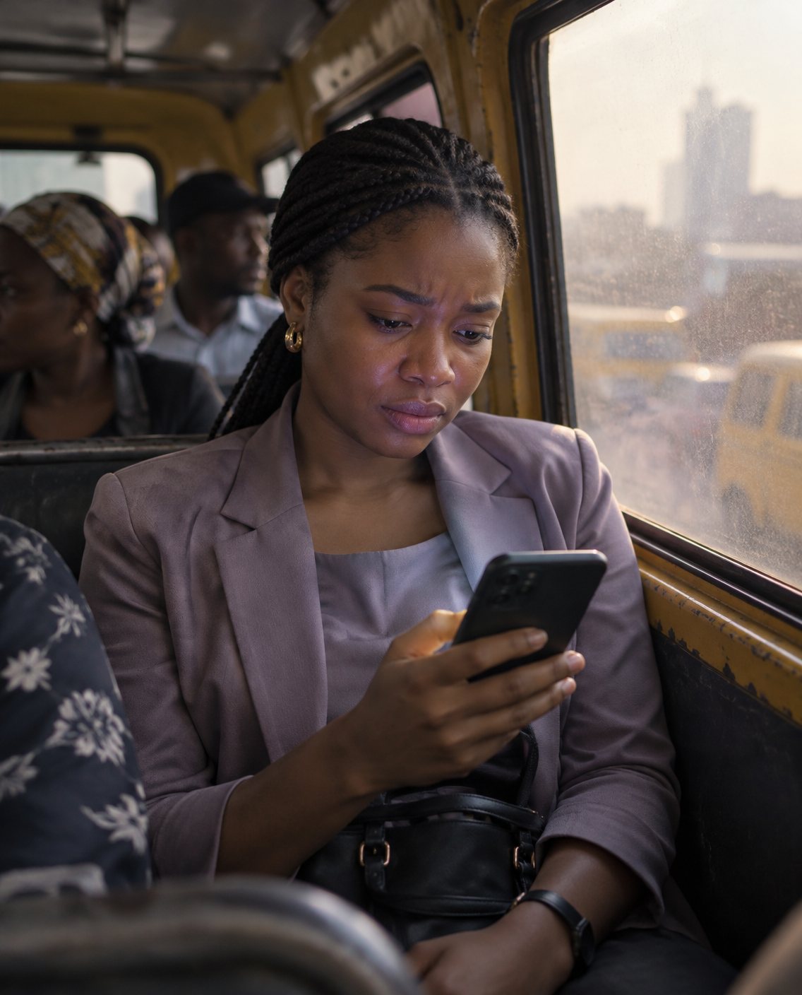 A woman on a danfo frowning at a message on her phone