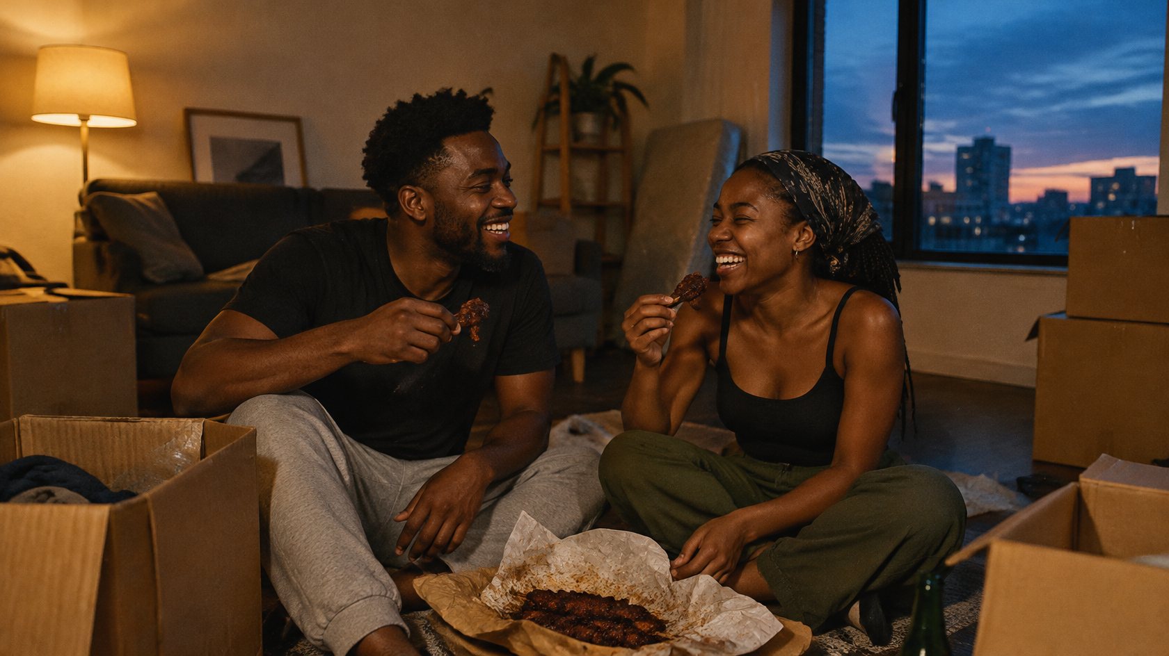 A young couple laughing over suya on the floor of their new flat