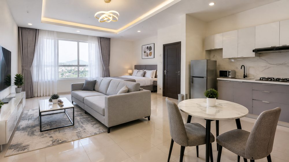 A bright, newly furnished living room in a Jabi flat